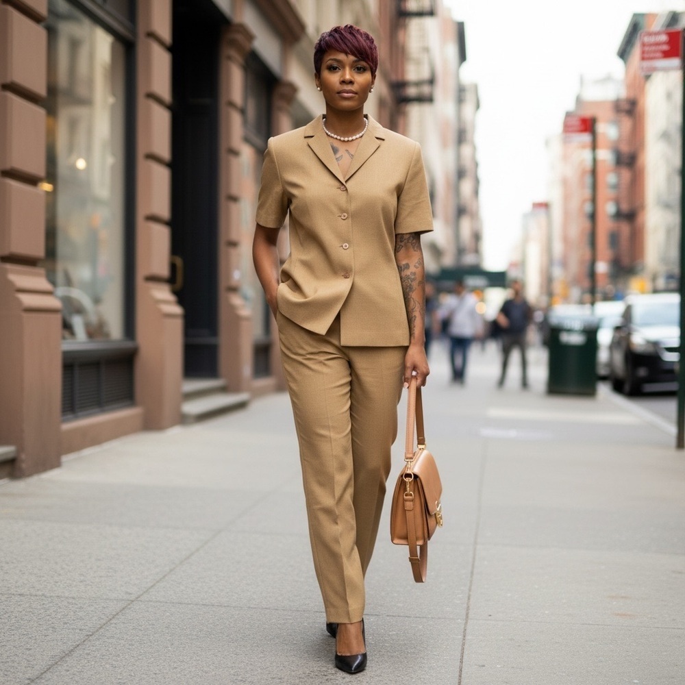 Travis Ayers Elegant Camel Pantsuit☑️ - Picture 2 of 12
